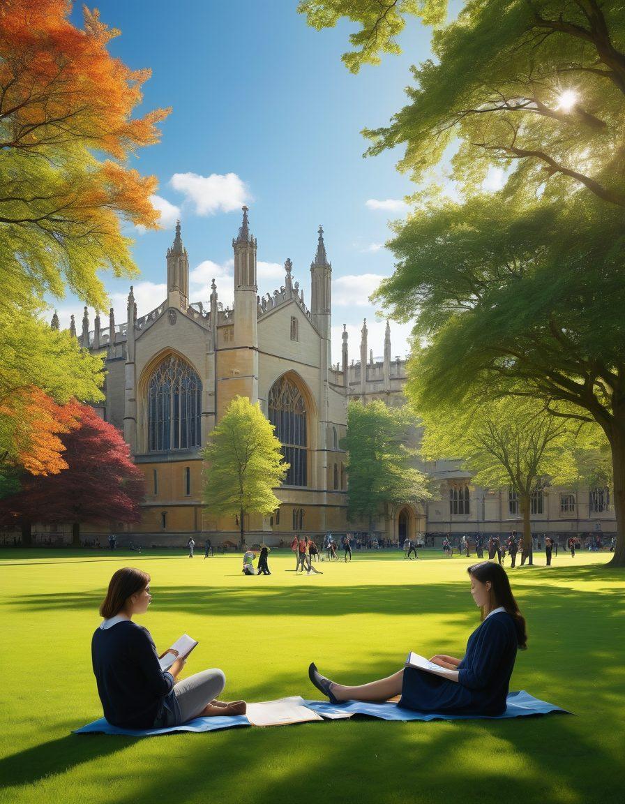 A picturesque view of Cambridge University, showcasing its iconic architecture like the King's College Chapel. Include students engaged in discussions or studying on the grass, with hints of global landmarks in the background to symbolize opportunities. The scene is set during a bright sunny day with lush green trees and clear blue skies. super-realistic. vibrant colors.