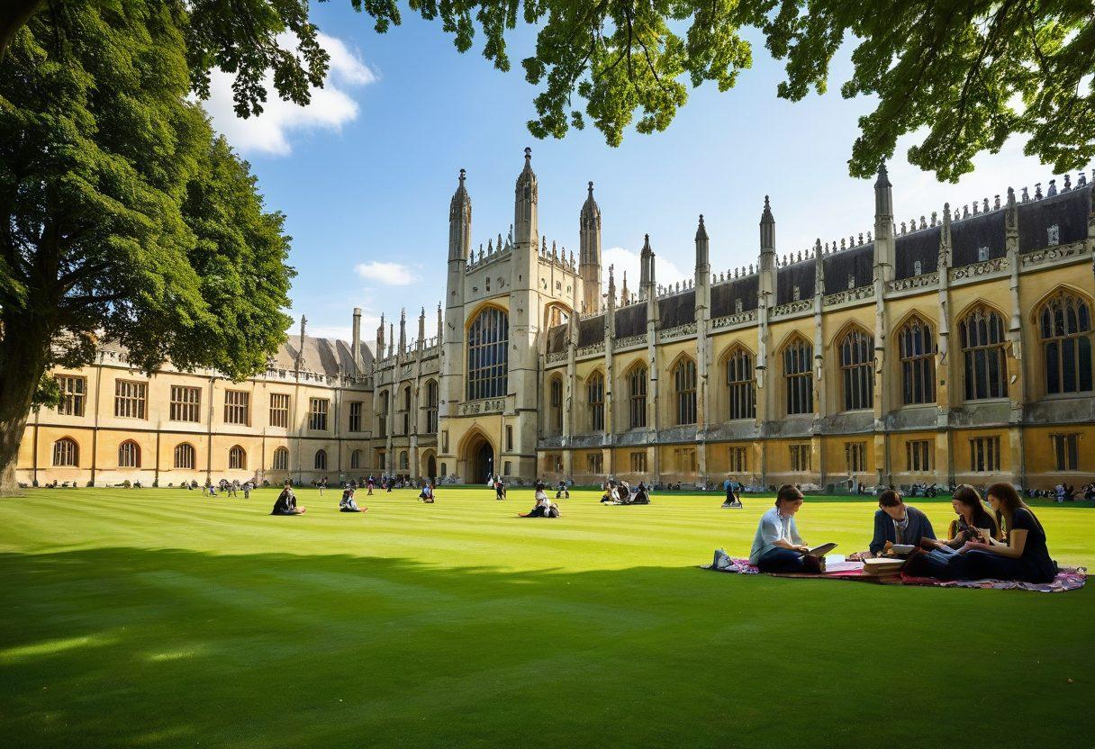 A scenic view of the historic University of Cambridge, showcasing its iconic architecture, like King’s College Chapel, with students engaging in lively discussions on the lawns. Surrounding them are subtle hints of career development, such as books, laptops, and mentorship conversations in the background, symbolizing academic excellence and future leadership. natural lighting. super-realistic. vibrant colors.