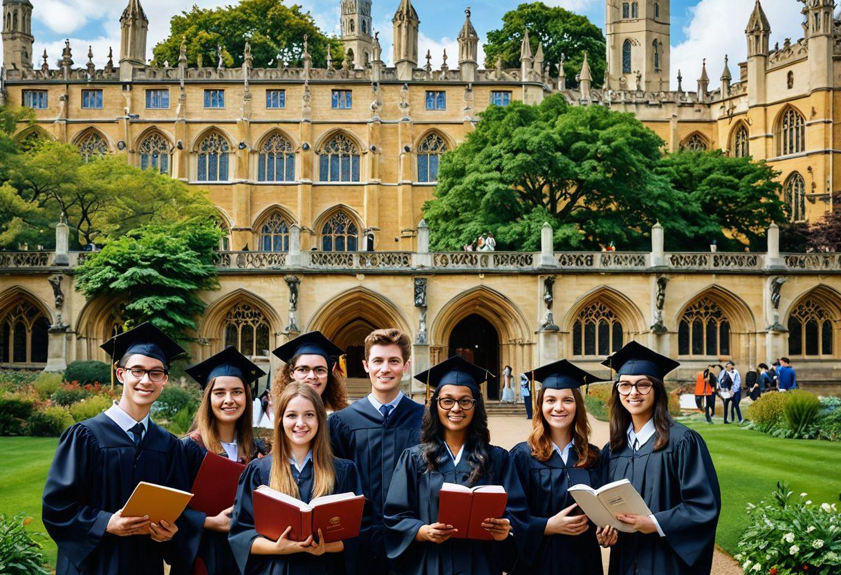 A dynamic collage featuring diverse international students studying in a historic Cambridge setting, engrossed in research with books and laptops scattered around. Add vibrant elements symbolizing scholarships and opportunities, like graduation caps, globes, and connecting arrows. The backdrop showcases iconic Cambridge architecture and greenery, emphasizing an atmosphere of knowledge and ambition. super-realistic. vibrant colors. 3D.